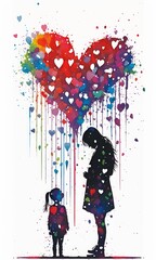 Obraz na płótnie Canvas Watercolor illustration of mother and daughter or son surrounded by hearts. White background. AI generated. Mothers day Concept.