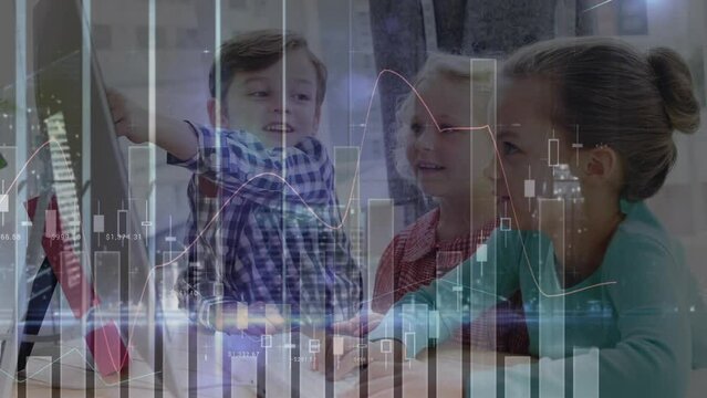 Animation of statistical data processing against three diverse kids using computer at school