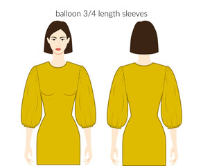 Balloon sleeves melon clothes character beautiful lady in ochre top, shirt, dress technical fashion illustration with 3-4 bracelet length. Flat apparel template front, back sides. Women men CAD mockup