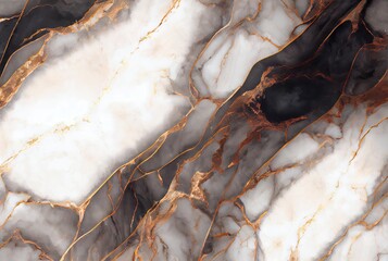 White marble with with gold and copper metal veins surface abstract background. Decorative acrylic paint pouring rock marble texture. Horizontal natural copper and gold abstract pattern.