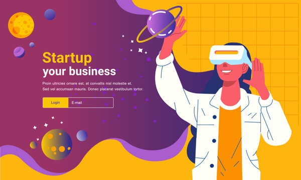 Mock up design website flat design concept virtual Reality platform The woman with VR Glasses play content inside Vector illustration