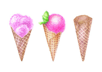 An isolated watercolor image of three waffle cones, one with three scoops of raspberry ice cream,the other with one scoop of strawberry, the third without anything for the design of text,labels,cards