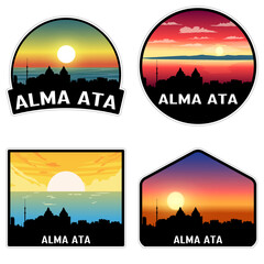 Alma Ata Kazakhstan Skyline Silhouette Retro Vintage Sunset Alma Ata Lover Travel Souvenir Sticker Vector Illustration SVG EPS AI