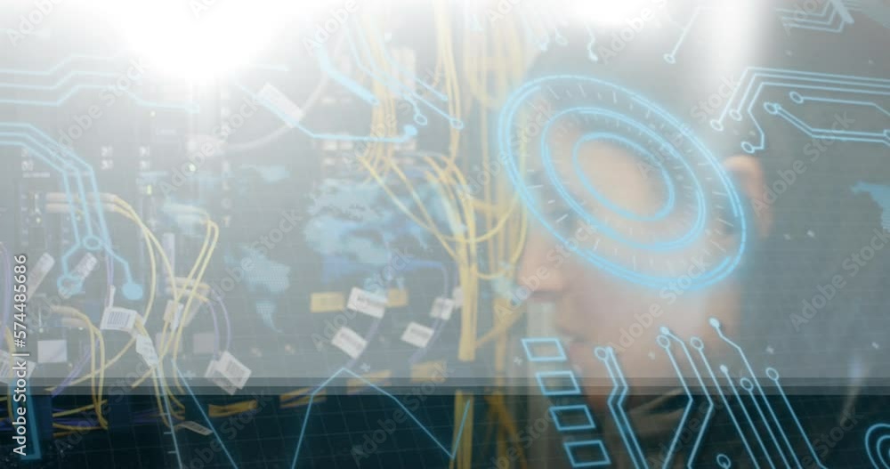 Poster animation of round scanner and microprocessor connections against close up of a computer server