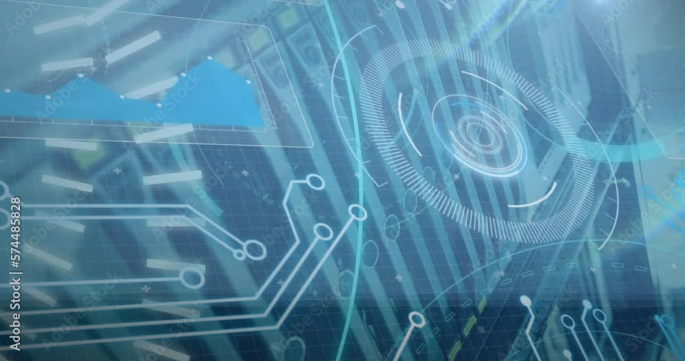 Poster animation of 5g text, round scanners and data processing against close up of a computer server