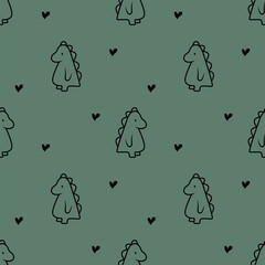 
vector illustration. cute childish green background with dinosaurs and hearts. wallpaper. dinosaur. The Dragon. animals. cute monsters. child. kit. era. Baby