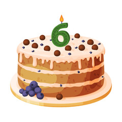 Candle on birthday cake with 6 number age. Festive dessert burning number shaped candle cartoon vector illustration