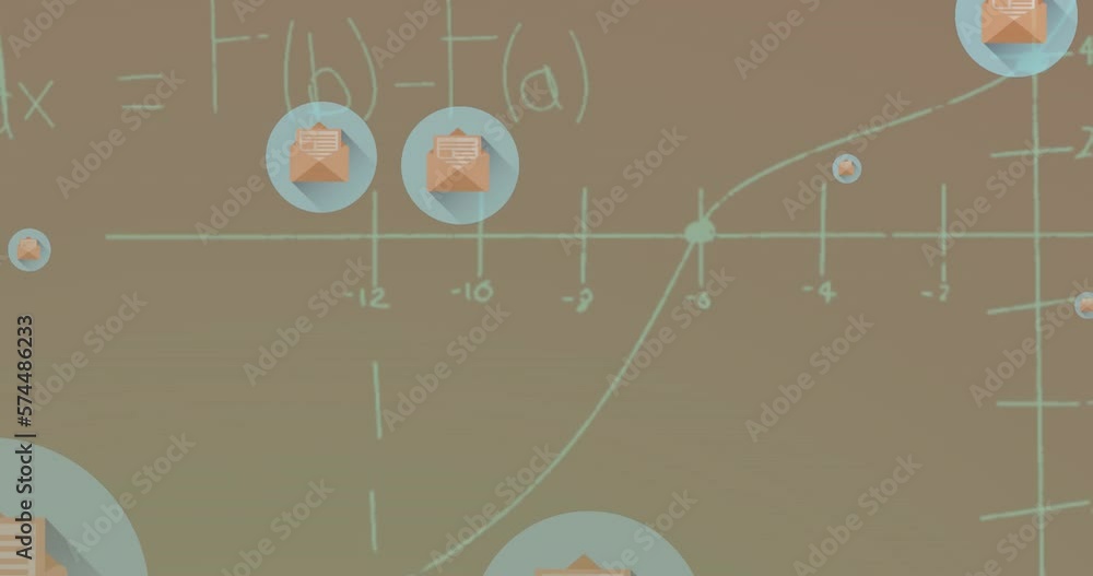 Poster animation of mathematical equations and message icons floating against pink background