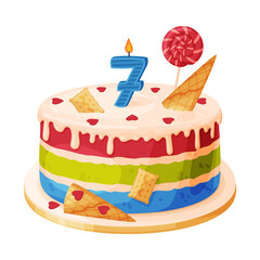 Candle on birthday cake with 7 number age. Festive dessert burning number shaped candle cartoon vector illustration