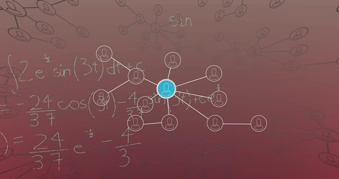 Animation of mathematical equations and network of profile icons against pink gradient background - Powered by Adobe