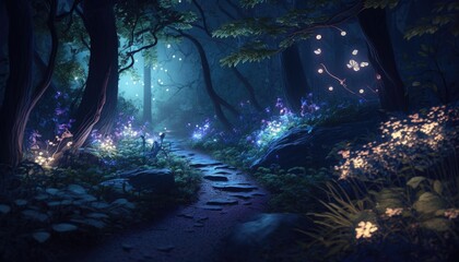 Nighttime Magic: A Fantasy Forest with Enchanting Lights and Fireflies, AI Generative