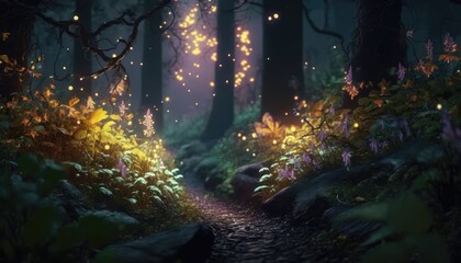 Fototapeta na wymiar A Trail of Magic: Exploring a Fantasy Forest with Fireflies and Lights at Night, AI Generative