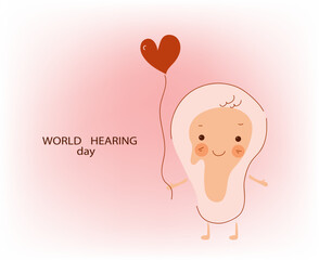 Social media horizontal banner template for World Hearing Day . Funny ear character vector doodle.
