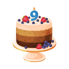 Candle on birthday cake with 9 number age. Festive dessert burning number shaped candle cartoon vector illustration
