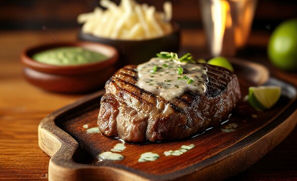 Wagyu rib-eye beef steak with garlic sauce closeup on wood board in a restaurant, AI generative illustration