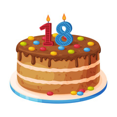 Candle on birthday cake with 18 number age. Festive dessert burning number shaped candle cartoon vector illustration