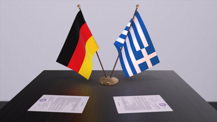 Greece and Germany flag, politics relationship, national flags. Partnership deal 3D illustration