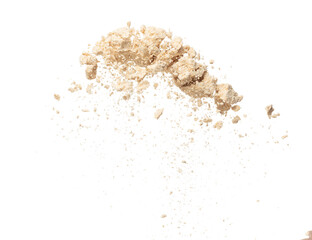 Seasoning powder explosion flying, Beige brown seasoning powder wave floating fall down in air. Seasoning powder is element material. Eyeshadow crush for make up artist. White background Isolated