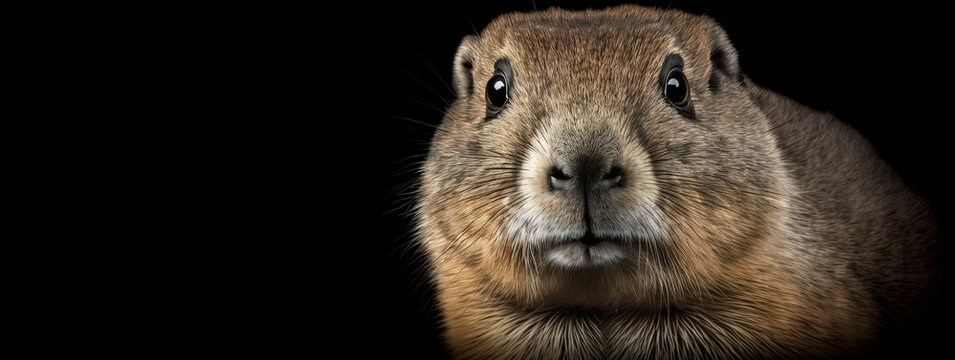 Close up of a groundhog.  Image showing close up of the face and eyes on a black background.  Created with generative ai.