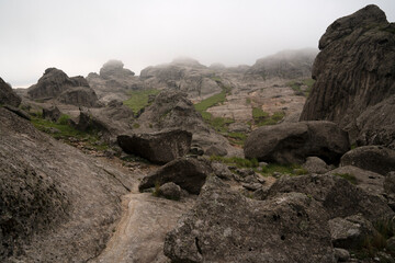 View of The Giants rock massif in Cordoba, Argentina, in a foggy morning.