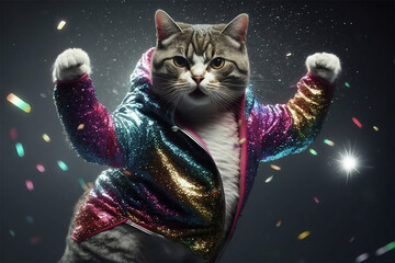 Cat in a glitter jacket dancing at the night club party. Generative AI