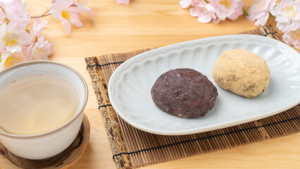 Fototapeta na wymiar 桜と和菓子のぼた餅(あんこときな粉)