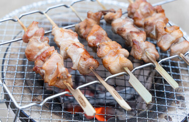 焼き鳥を七輪で焼いている