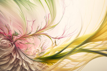 An abstract representation of the delicate textures of spring, with soft, billowing petals and delicate filaments in shades of pink, yellow, and green, AI generated illustration