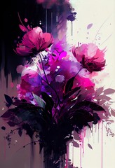 Abstract flower bouquet with paint splashes on multicolor background. Decorative liquid watercolor painting with flowers and herbs, bright colors. AI generated vertical floral poster.