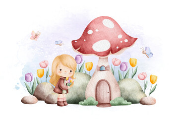 Watercolor Illustration. Spring Girl in the garden