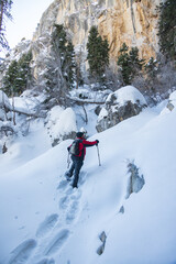 Fototapeta na wymiar Man snow shoeing in the mountains