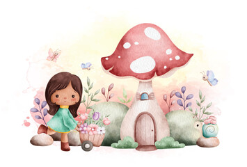 Watercolor Illustration Spring Girl in the garden
