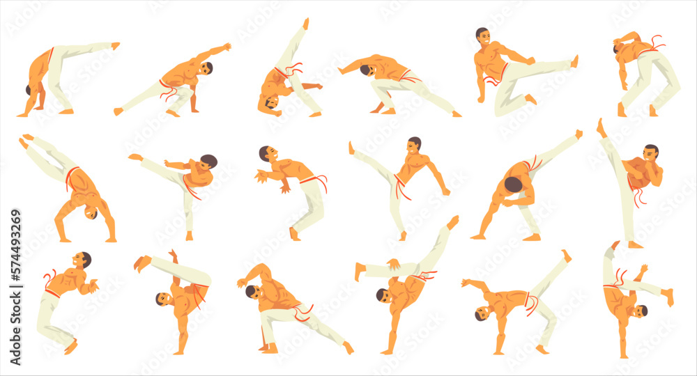 Poster man practicing capoeira movement set. young man doing different combat elements cartoon vector illus
