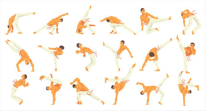 Man practicing capoeira movement set. Young man doing different combat elements cartoon vector Illustration