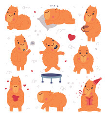 Cute baby capybara characters set. Funny animal of South America lying, sleeping, jumping on trampoline and celebrating holidays cartoon vector illustration