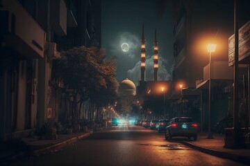 Night view of the street with mosque in Istanbul, Turkey. Beautiful night cityscape.
 - obrazy, fototapety, plakaty
