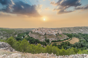 Panoramic view of Jorquera, the small medieval village, on a walk along the river Jucar, province of Albacete. One of the most beautiful villages in Spain.