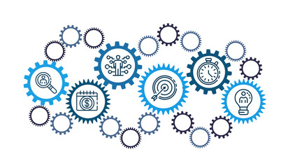 Group of Gears Connected with Business icons. Concept of Online Business Management and Automation, Marketing and Business Effectiveness. Creative Illustration Idea 