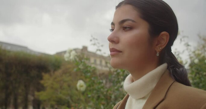 Portrait Of A Lovely Woman In A Stylish Wear In Paris, France. Close Up