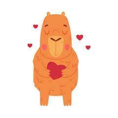Cute furry baby capybara holding red heart. Funny animal of South America cartoon vector illustration