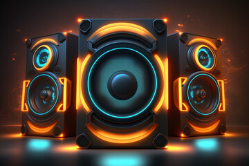 Music speaker or subwoofer in studio background with smoke and neon glow, night club or dance festival, advertisement style. - obrazy, fototapety, plakaty
