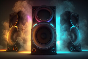 Music speaker or subwoofer in studio background with smoke and neon glow, night club or dance festival, advertisement style.