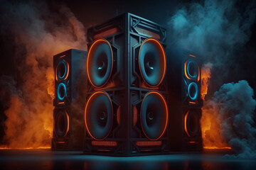 Music speaker or subwoofer in studio background with smoke and neon glow, night club or dance festival, advertisement style. - obrazy, fototapety, plakaty