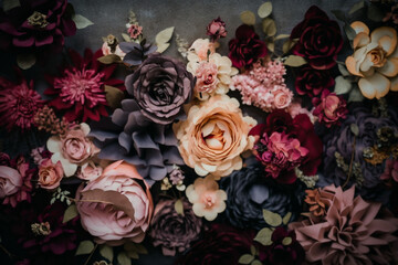 Obraz na płótnie Canvas Vintage Floral Wall Background - Artificial flower wall in rich dark colors with a vintage style - Generative AI technology