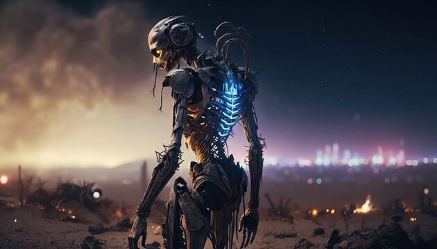3d rendering of a female alien destroyed the city.
