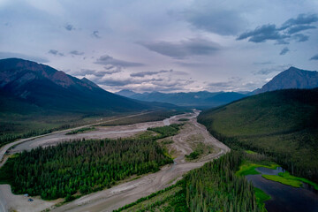 Aerial Drone image of the Dalton Highway and the Mountain ranges at the Middle Fork of the Braided...