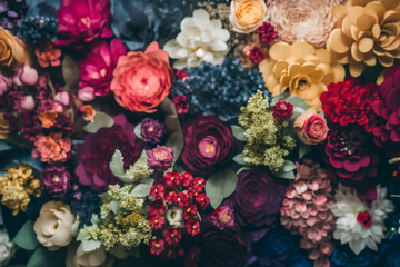 Vintage Floral Wall Background - Artificial flower wall in rich dark colors with a vintage style - Generative AI technology