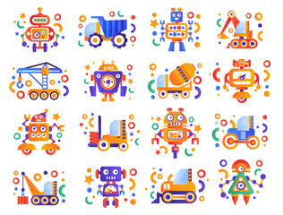 Cars and Robots Bright Childish Element Vector Set
