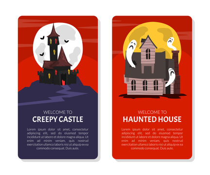 Banner with Scary Halloween House with Ghost and Bats Vector Template