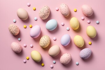 Fototapeta na wymiar Colorful Pastel Easter Eggs on a Blush Background Generative AI 